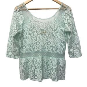 Hollister Top Womens Medium Green Floral Lace Sheer Polka Dot